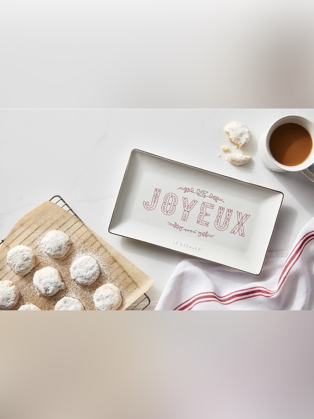 Le Creuset White Rectangular Platter with Red Joyeux Lettering and Gold Rim